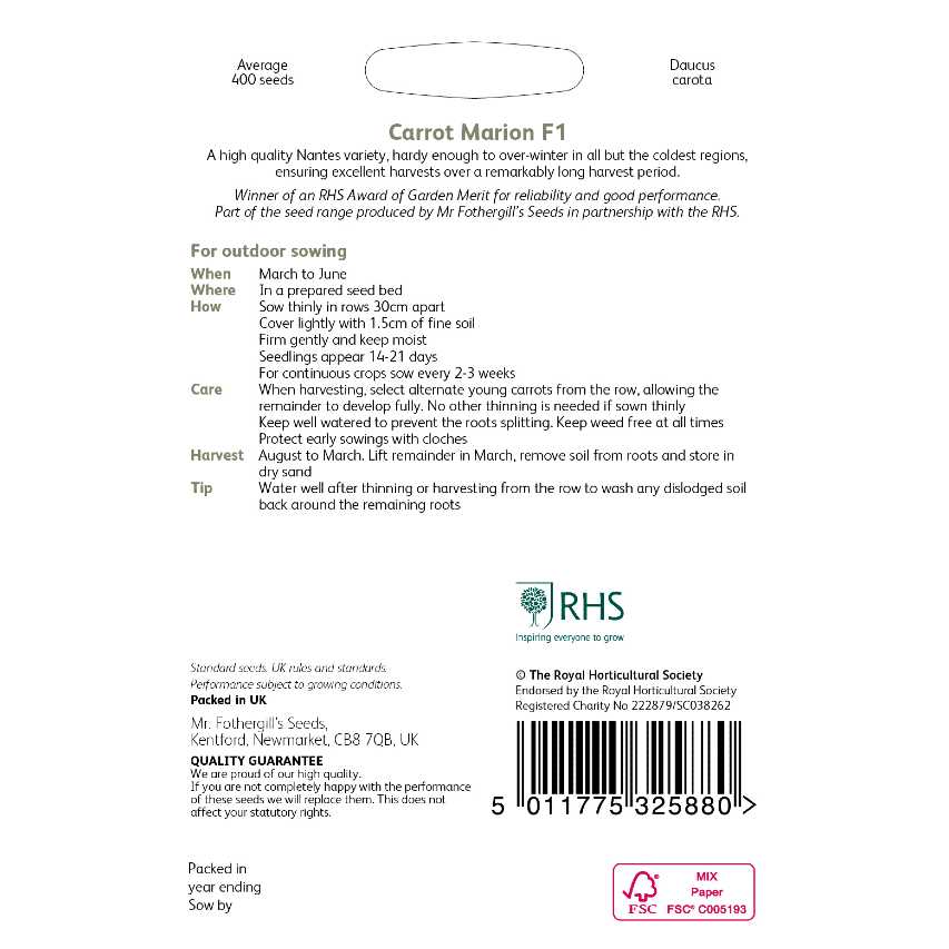 Mr Fothergill's RHS Carrot Marion F1 Seeds, Nantes Variety, High Yield Vegetable Seeds - Image 2