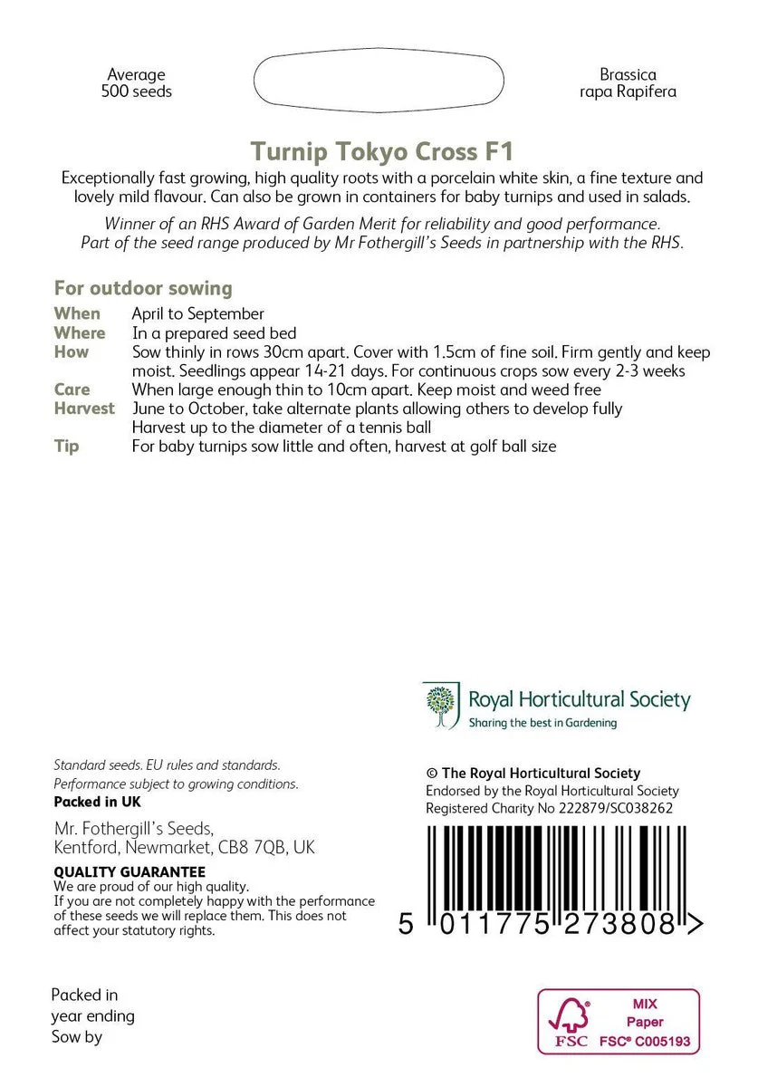 Mr Fothergill’s RHS Turnip Tokyo Cross F1 Seeds 500 Seeds, Award Winning Fast Growing White Turnip - Image 2